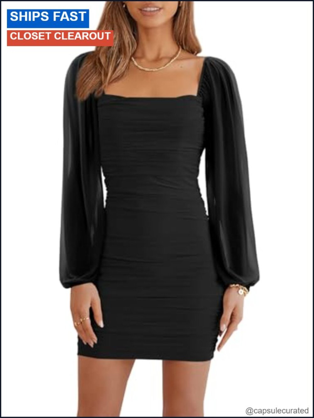 Womens Mesh Long Sleeve Square Neck Ruched Bodycon Mini Dress